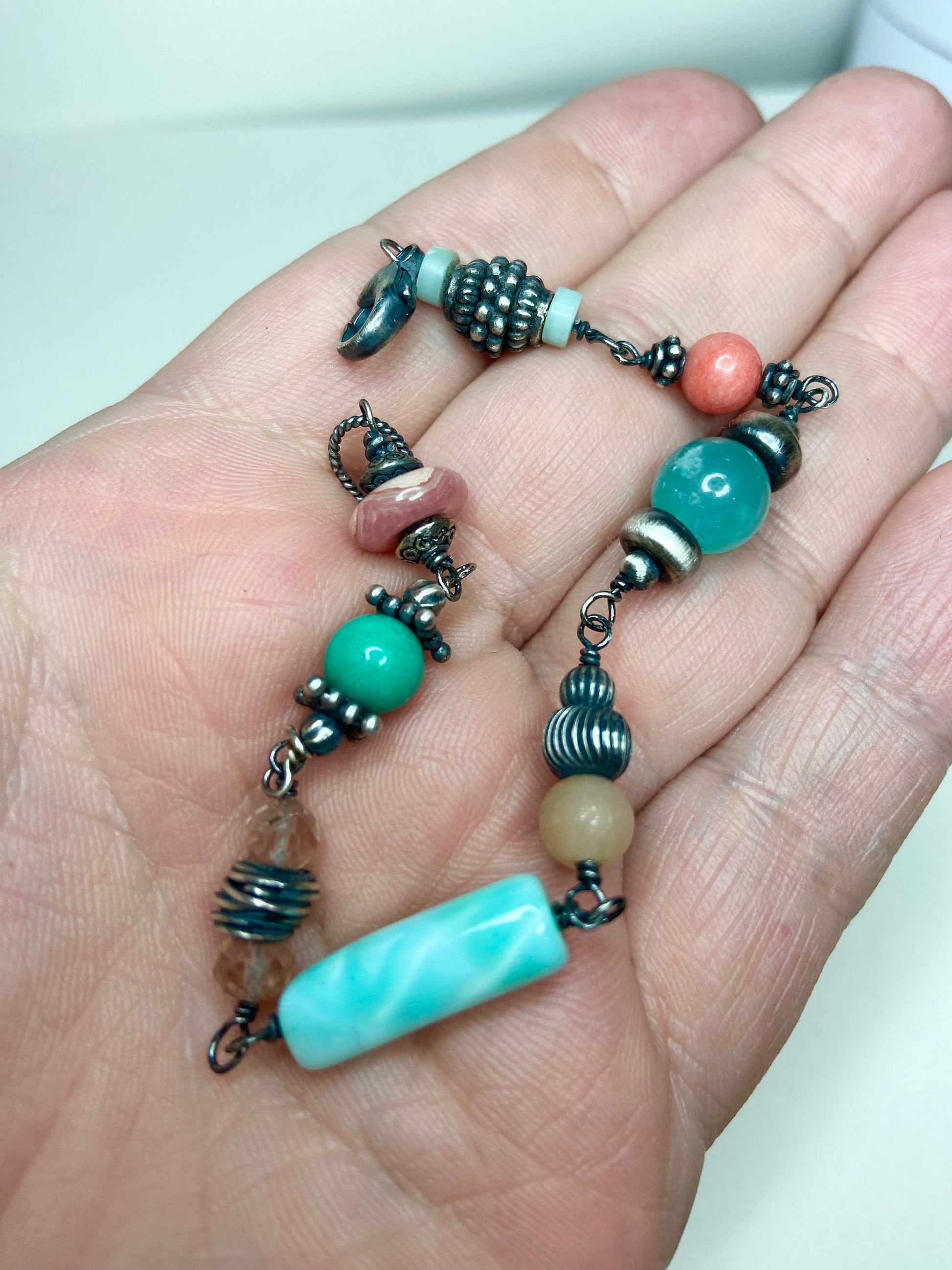 Eclectic peach and blues sterling silver wire bead bracelet Peruvian opal Oregon sunstone, rhodochrosite, morganite, amazonite and more
