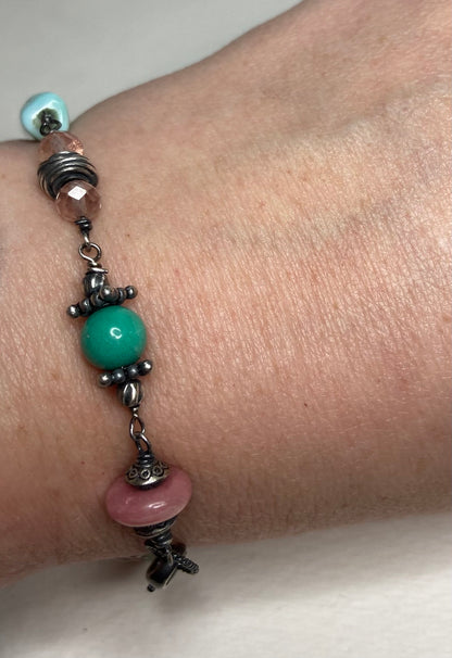 Eclectic peach and blues sterling silver wire bead bracelet Peruvian opal Oregon sunstone, rhodochrosite, morganite, amazonite and more