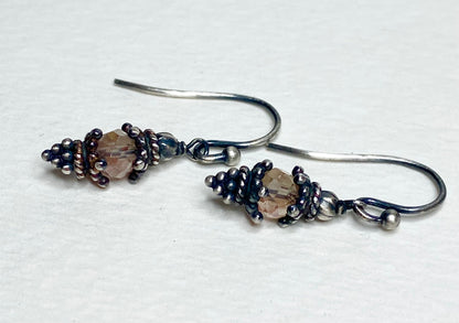 Oregon sunstone dangle drop Bali style earrings in solid sterling silver.