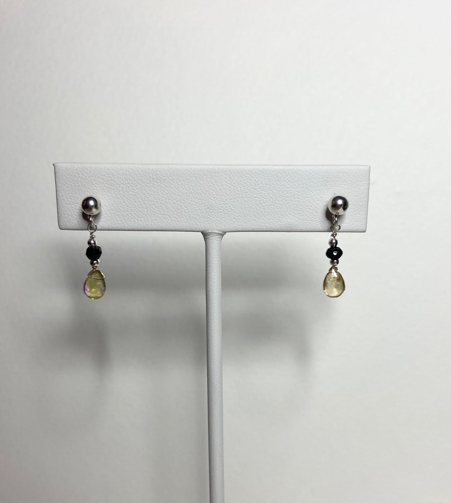 Natural black and yellow tourmaline dangle drop earrings in solid sterling silver.