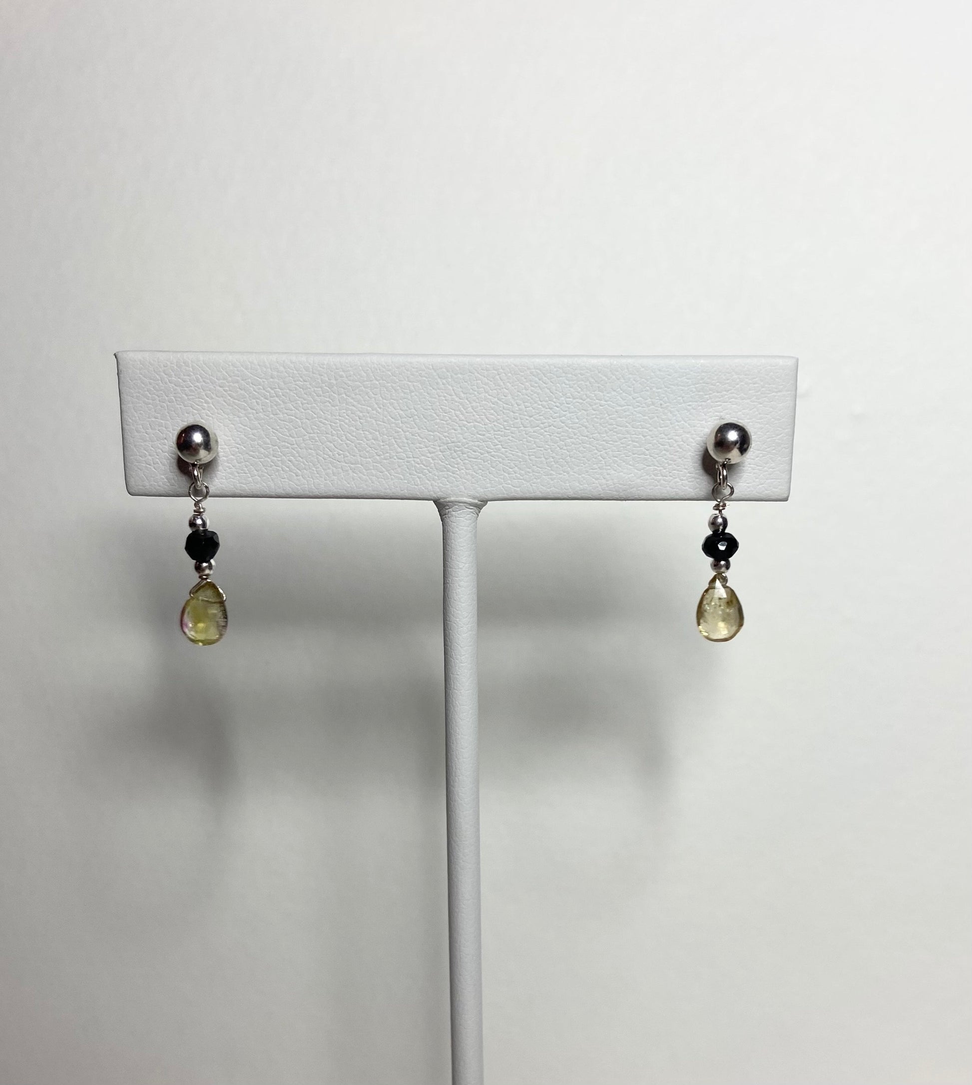 Natural black and yellow tourmaline dangle drop earrings in solid sterling silver.