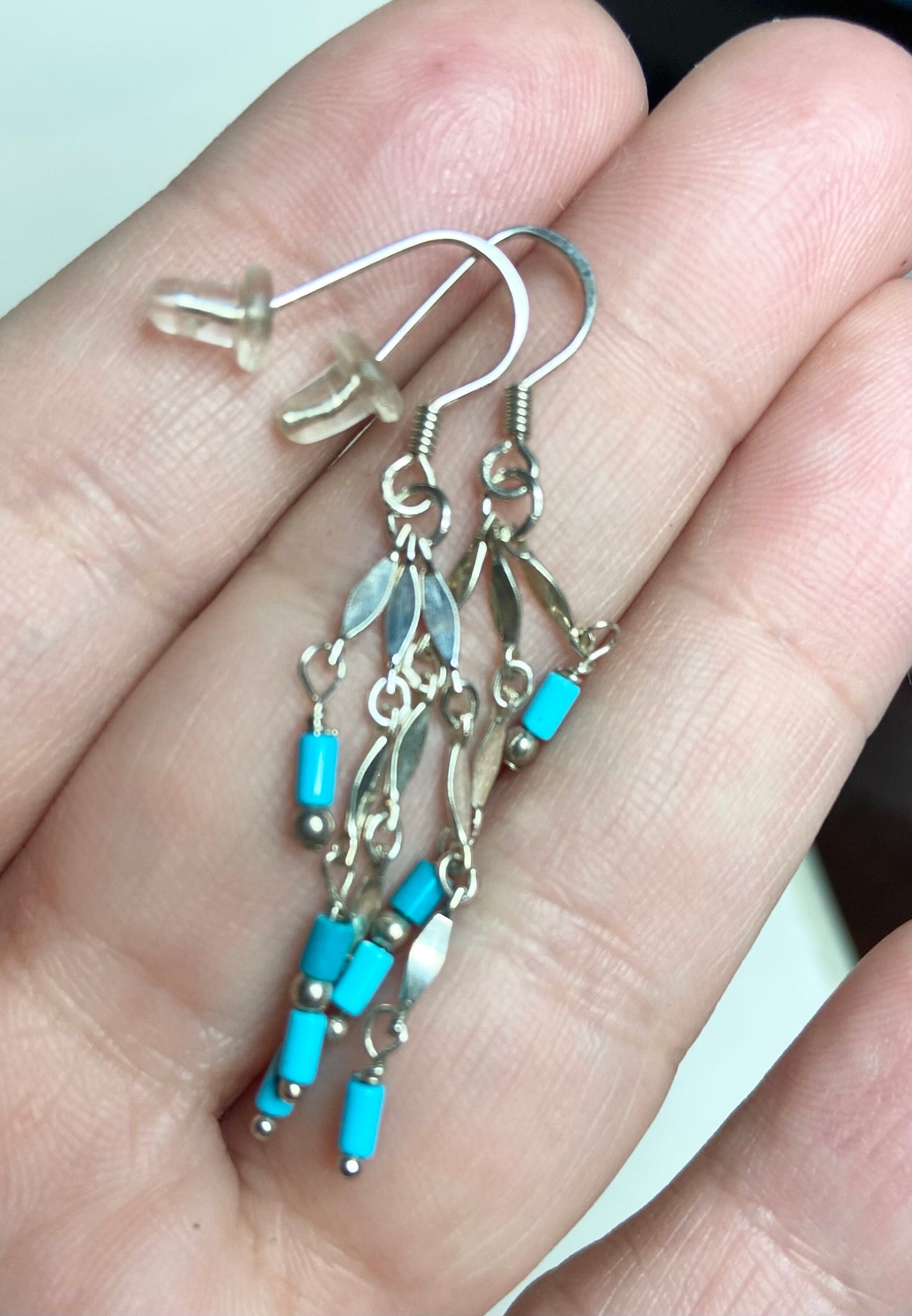 Sleeping Beauty Turquoise Sterling silver dangle drop fringe Southwest earrings