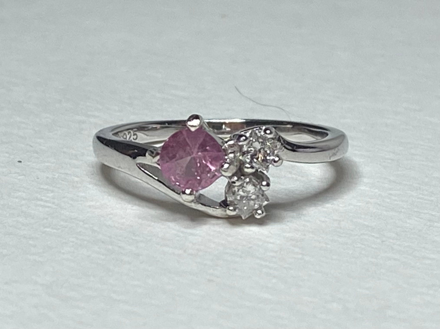Sterling silver ring with pink tourmaline and diamonds.