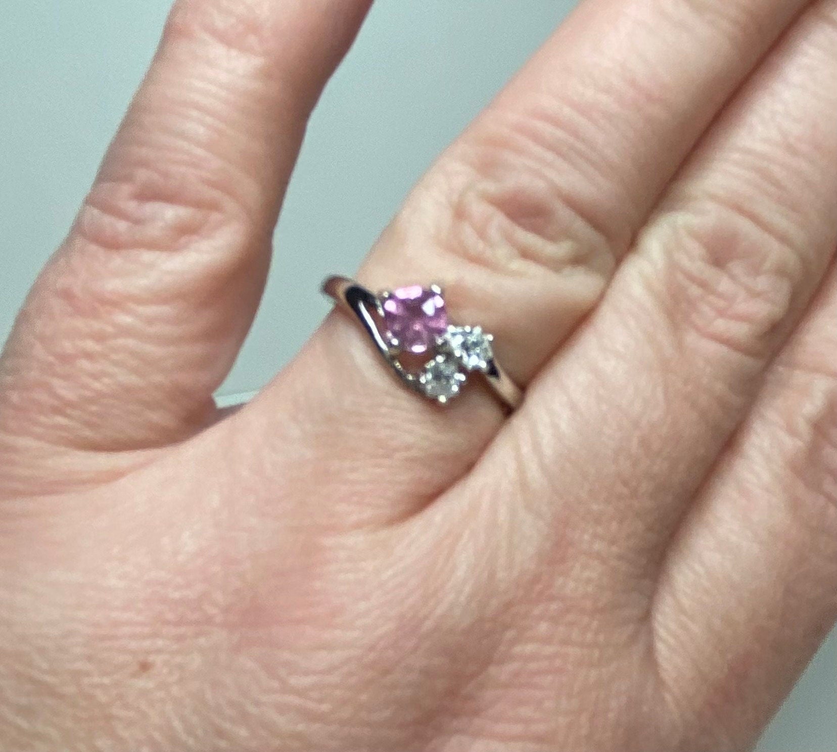 Sterling silver ring with pink tourmaline and diamonds.