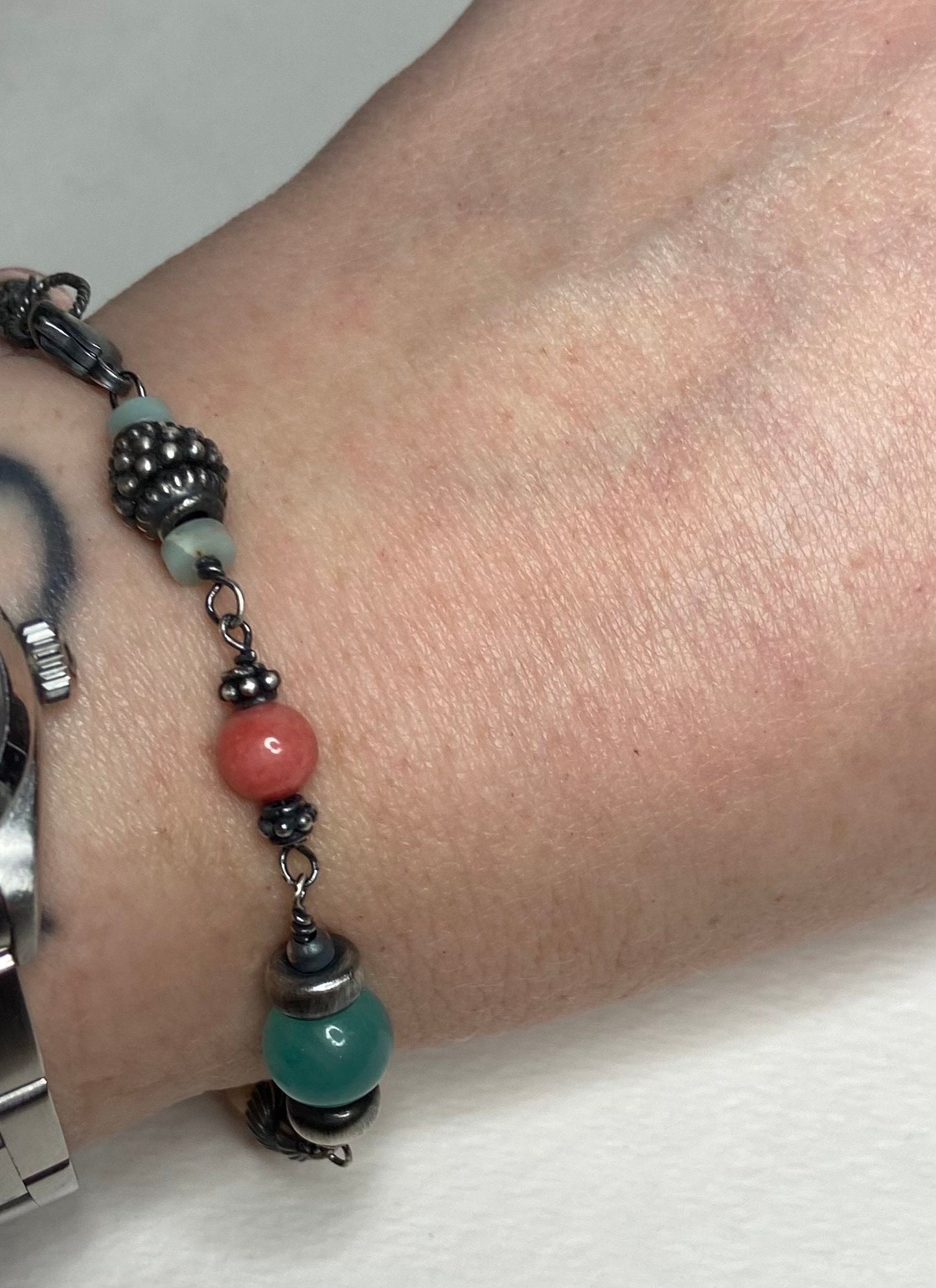 Eclectic peach and blues sterling silver wire bead bracelet Peruvian opal Oregon sunstone, rhodochrosite, morganite, amazonite and more