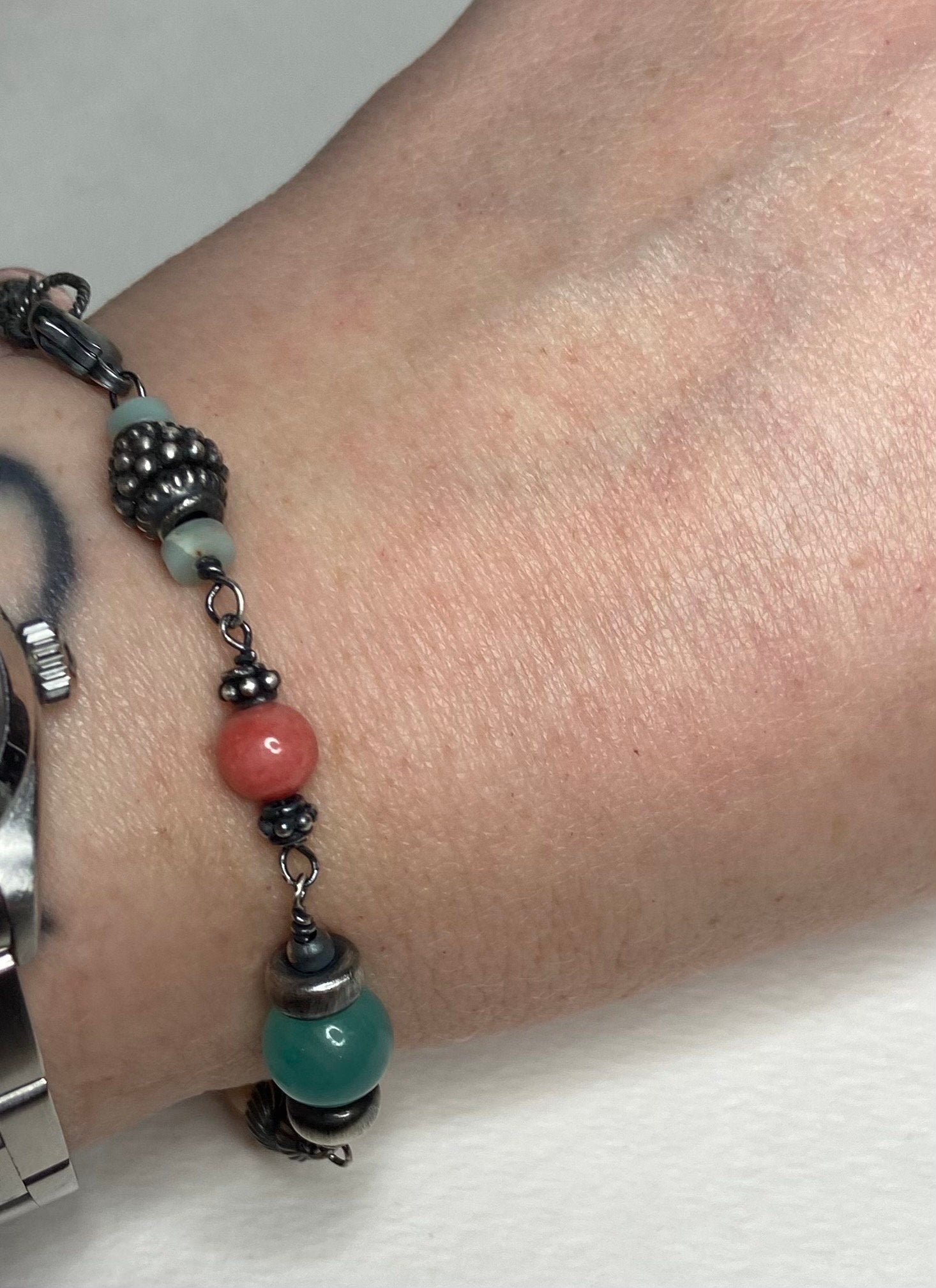 Eclectic peach and blues sterling silver wire bead bracelet Peruvian opal Oregon sunstone, rhodochrosite, morganite, amazonite and more