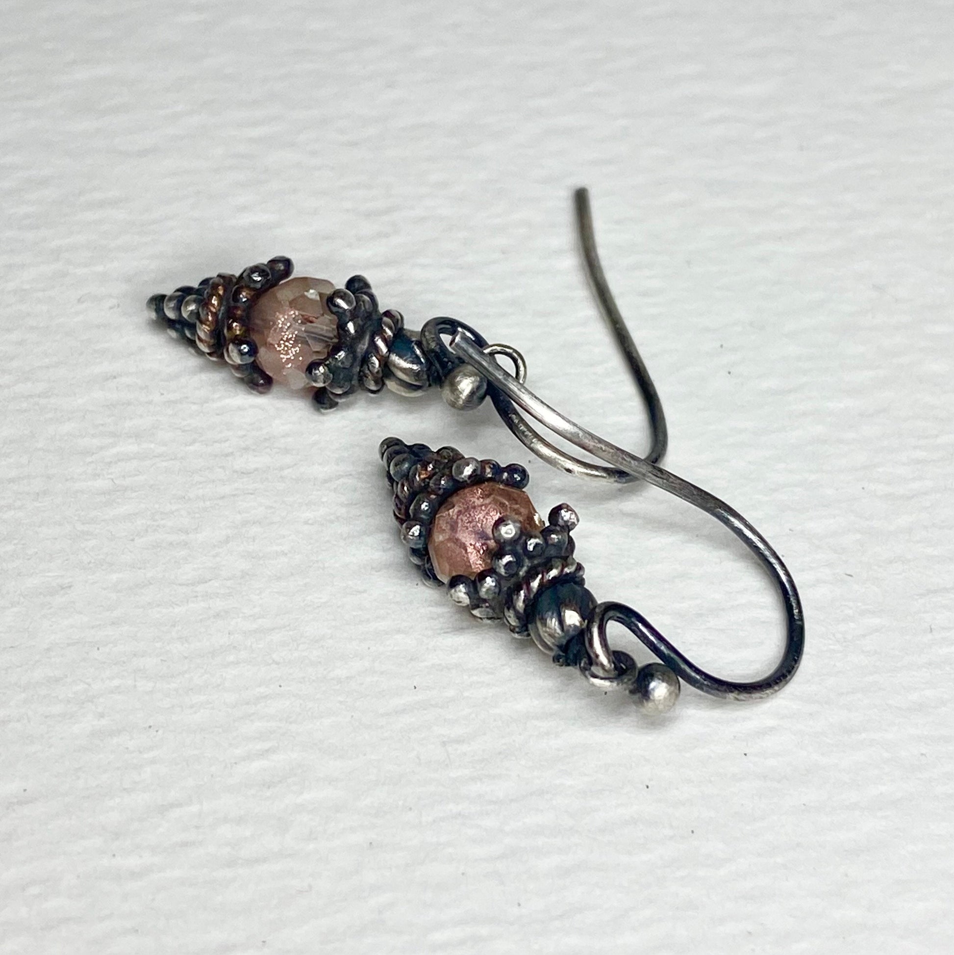 Oregon sunstone dangle drop Bali style earrings in solid sterling silver.