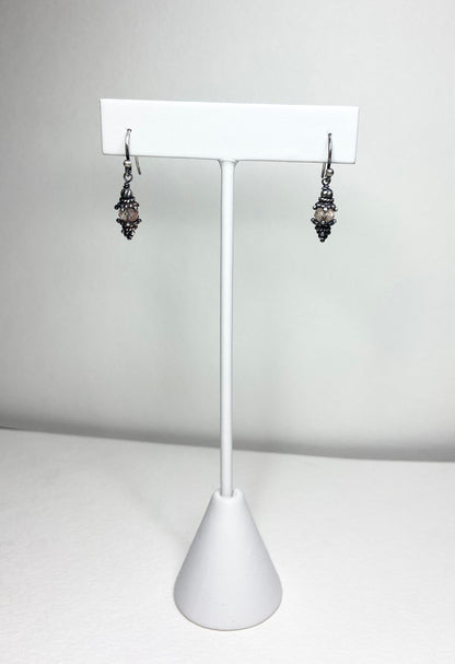Oregon sunstone dangle drop Bali style earrings in solid sterling silver.