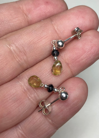 Sterling silver dangle earrings with black and yellow tourmaline beads.