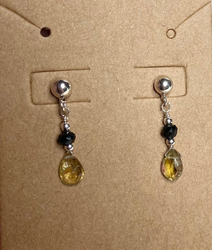 Sterling silver dangle earrings with black and yellow tourmaline beads.
