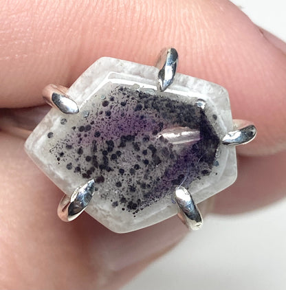 Sterling silver ring size 8 with a hexagonal quartz stone containing amethyst inclusions.