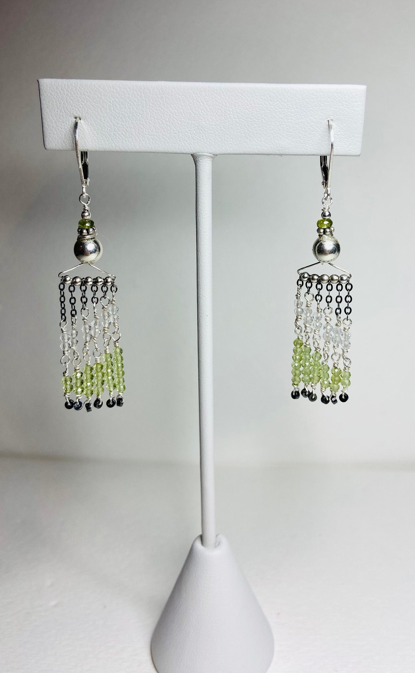 Fringe dangle drop lever back earrings peridot, vesuvianite, quartz and hematite