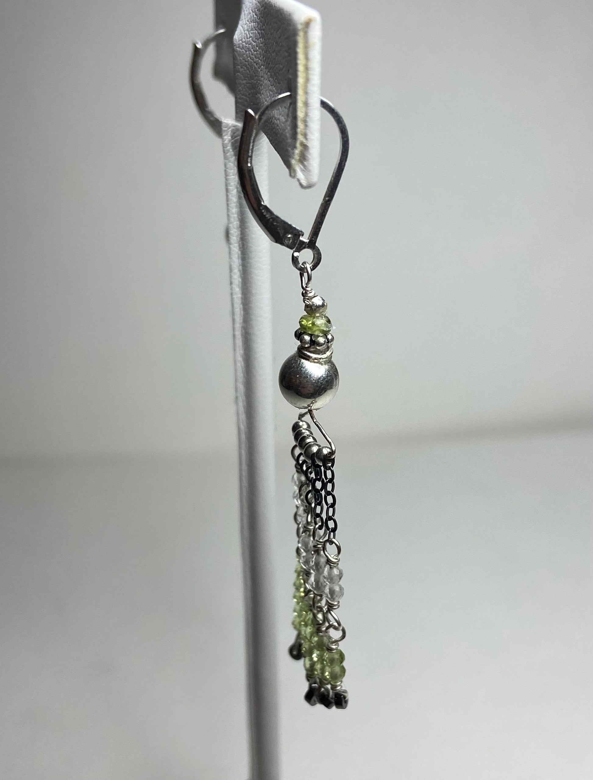 Fringe dangle drop lever back earrings peridot, vesuvianite, quartz and hematite
