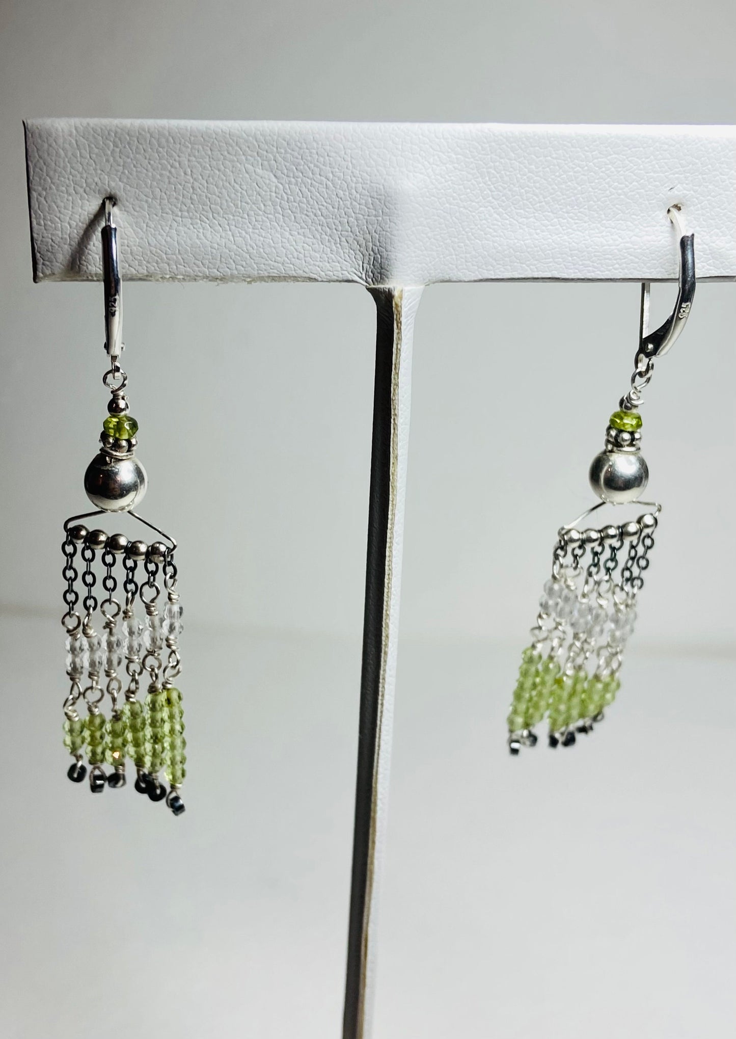 Fringe dangle drop lever back earrings peridot, vesuvianite, quartz and hematite