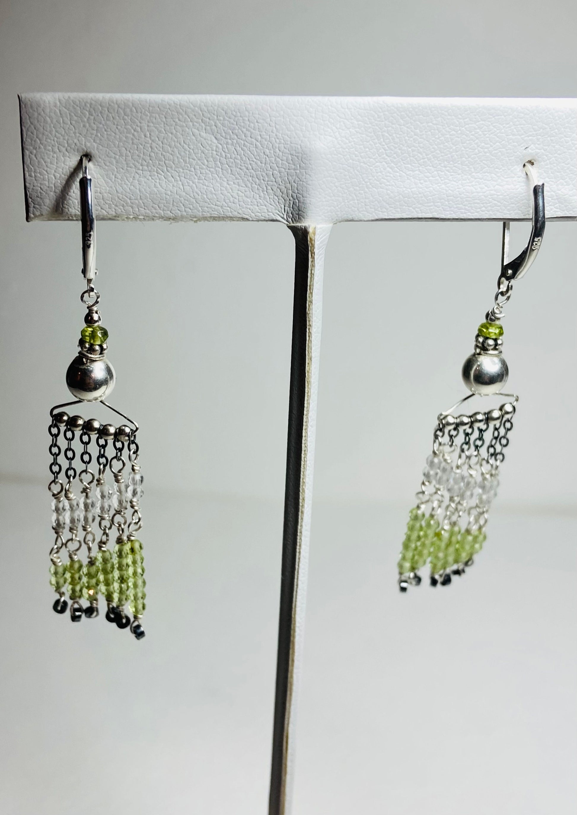 Fringe dangle drop lever back earrings peridot, vesuvianite, quartz and hematite