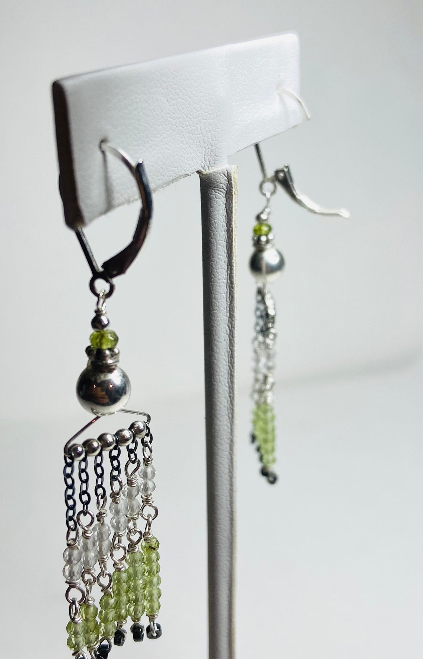 Fringe dangle drop lever back earrings peridot, vesuvianite, quartz and hematite