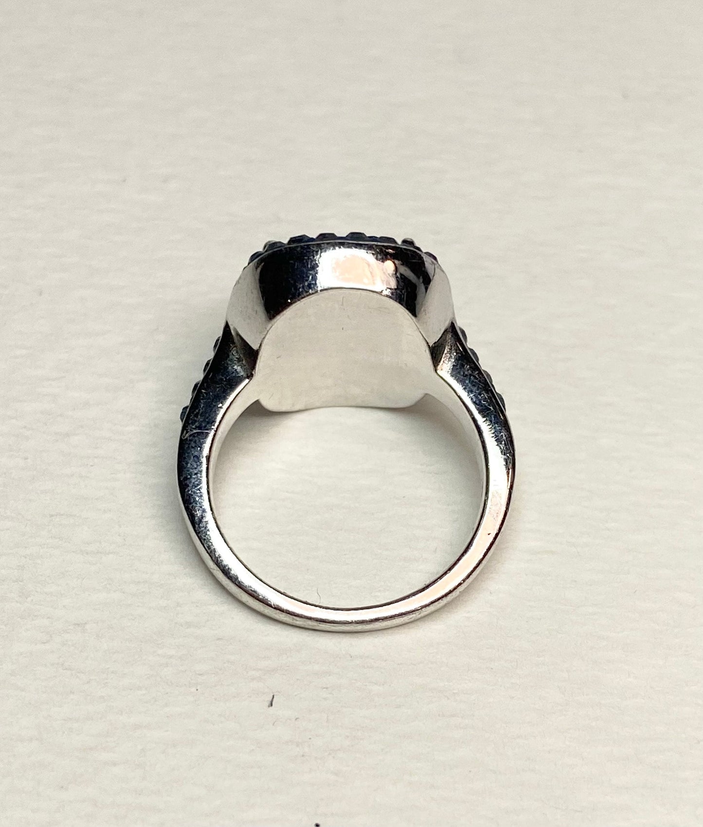 Sterling silver ring with Montana blue Swarovski crystals and a halo band.