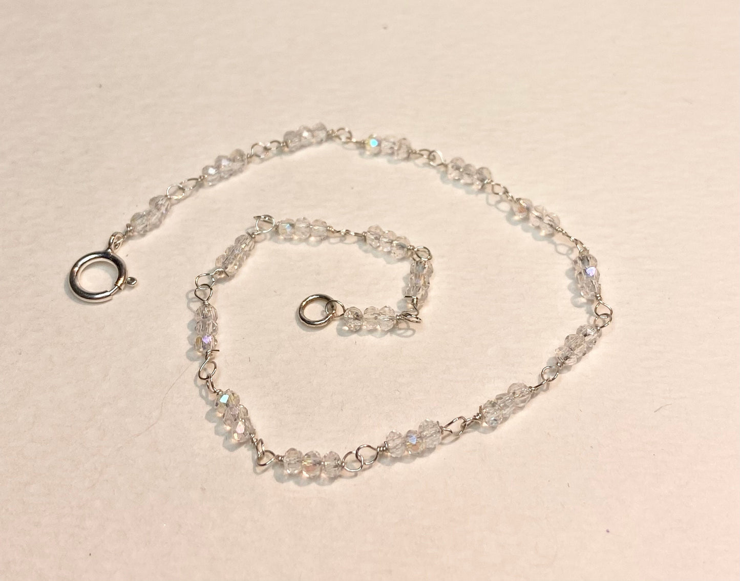 Crystal sterling silver beaded bracelet petite and simple rainbow moonstone simulate