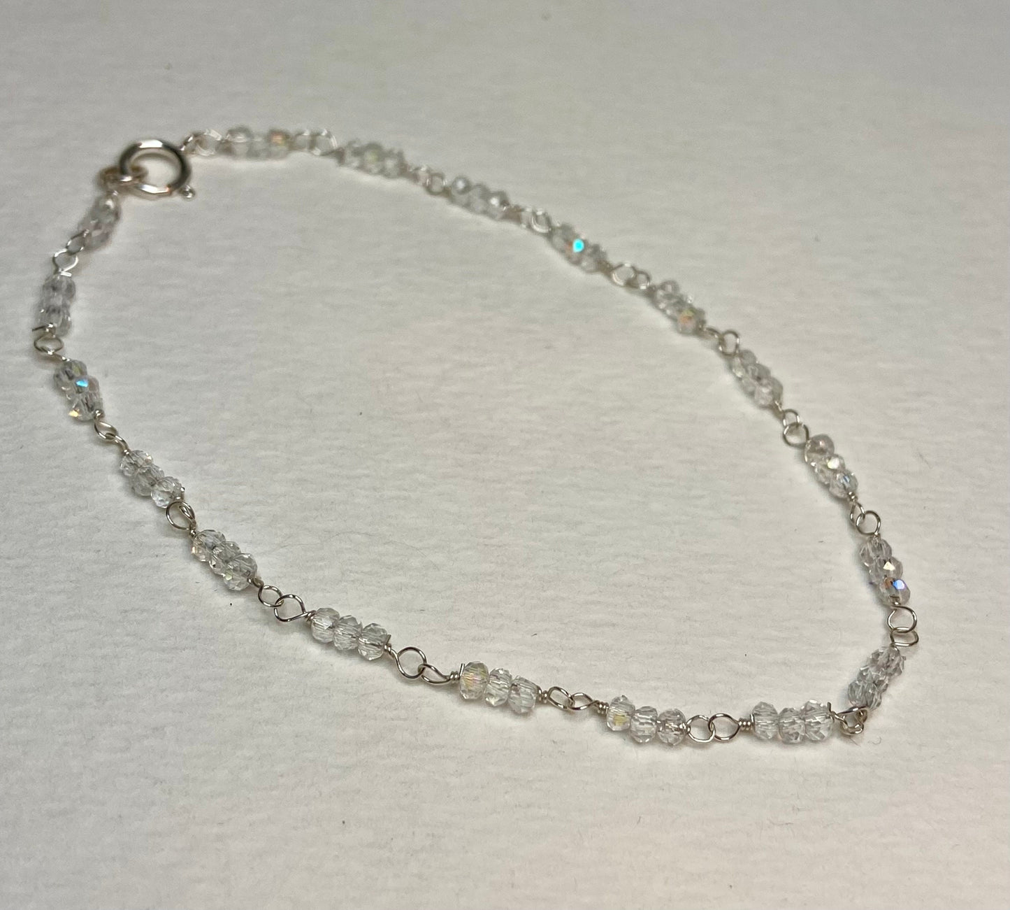Crystal sterling silver beaded bracelet petite and simple rainbow moonstone simulate