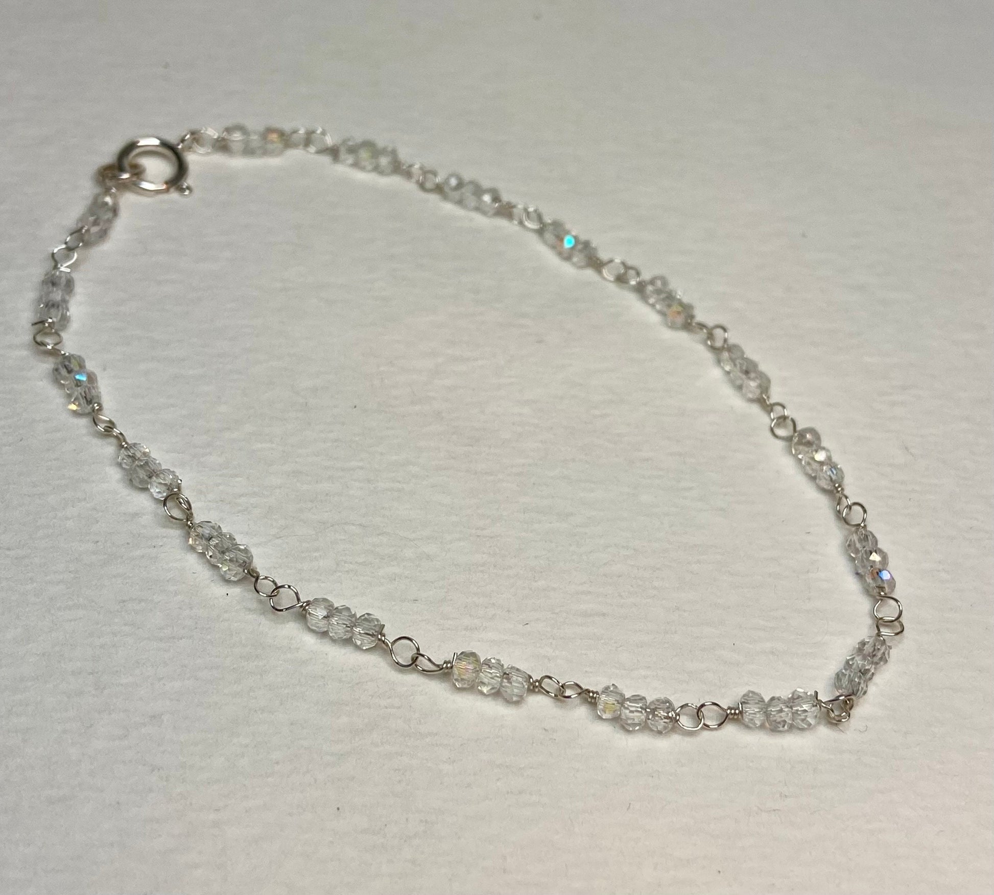 Crystal sterling silver beaded bracelet petite and simple rainbow moonstone simulate