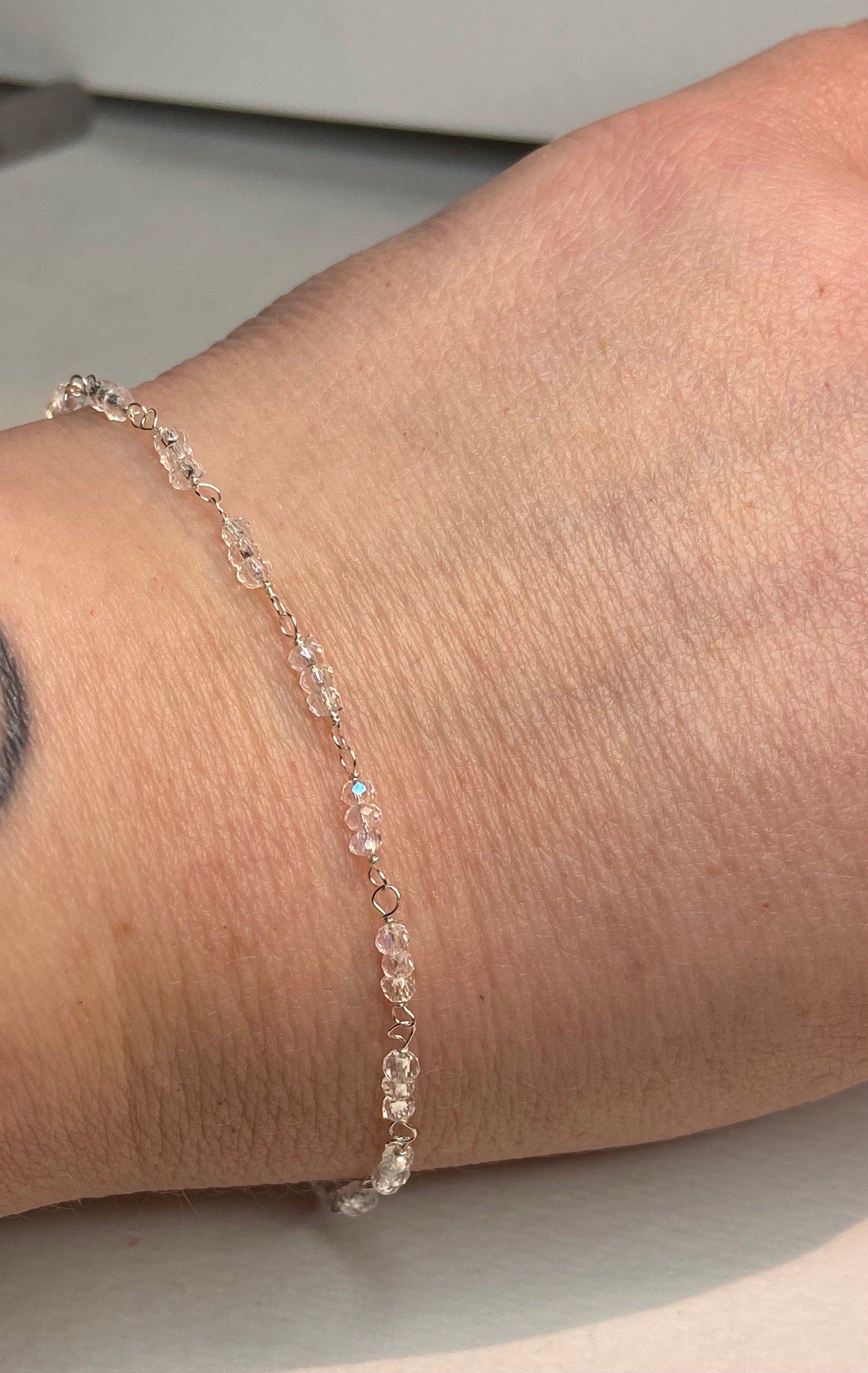 Crystal sterling silver beaded bracelet petite and simple rainbow moonstone simulate