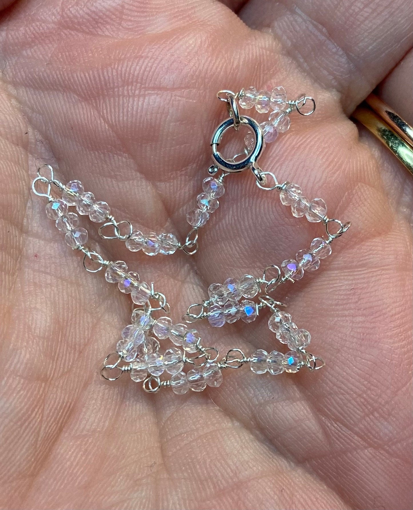 Crystal sterling silver beaded bracelet petite and simple rainbow moonstone simulate