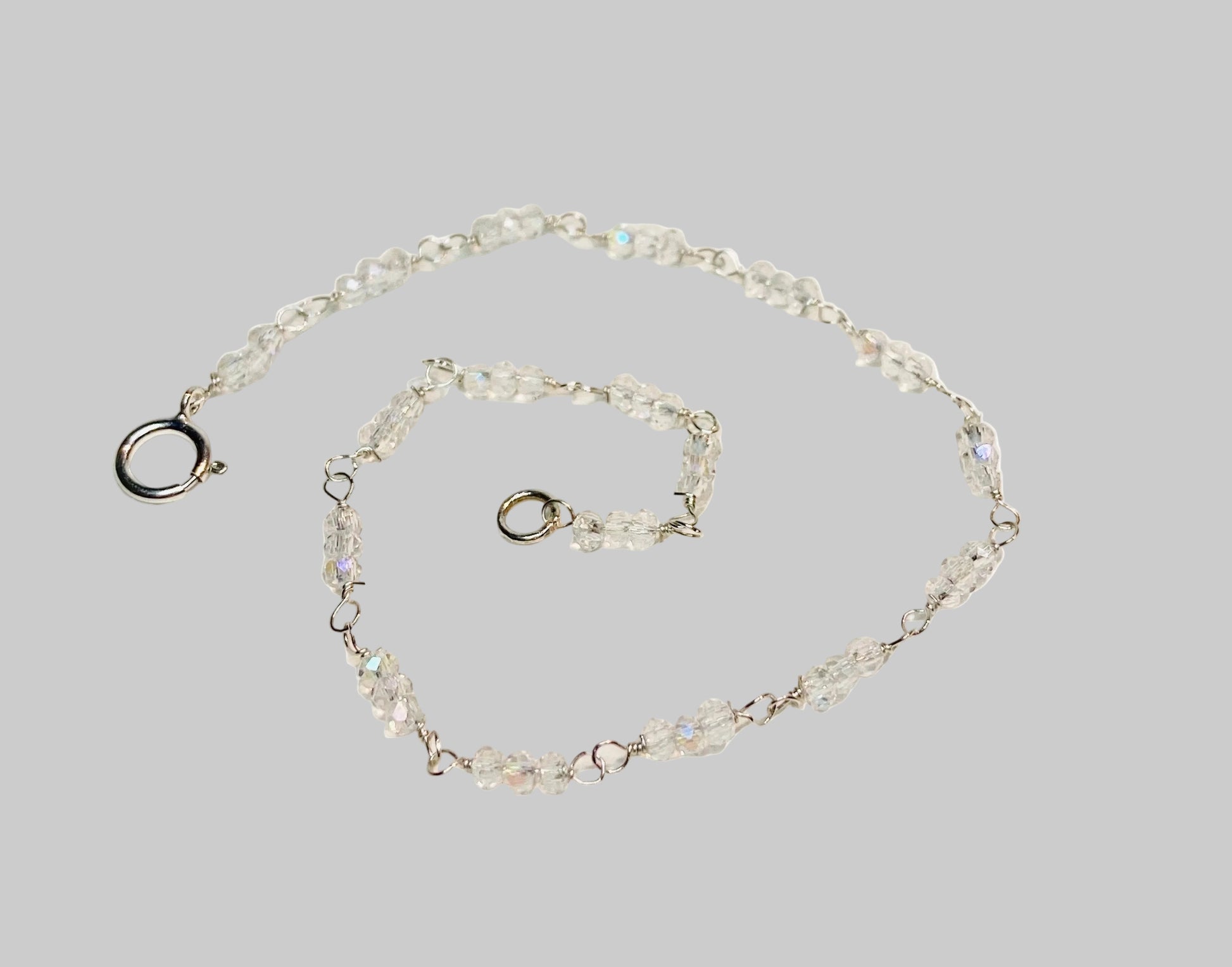 Crystal sterling silver beaded bracelet petite and simple rainbow moonstone simulate