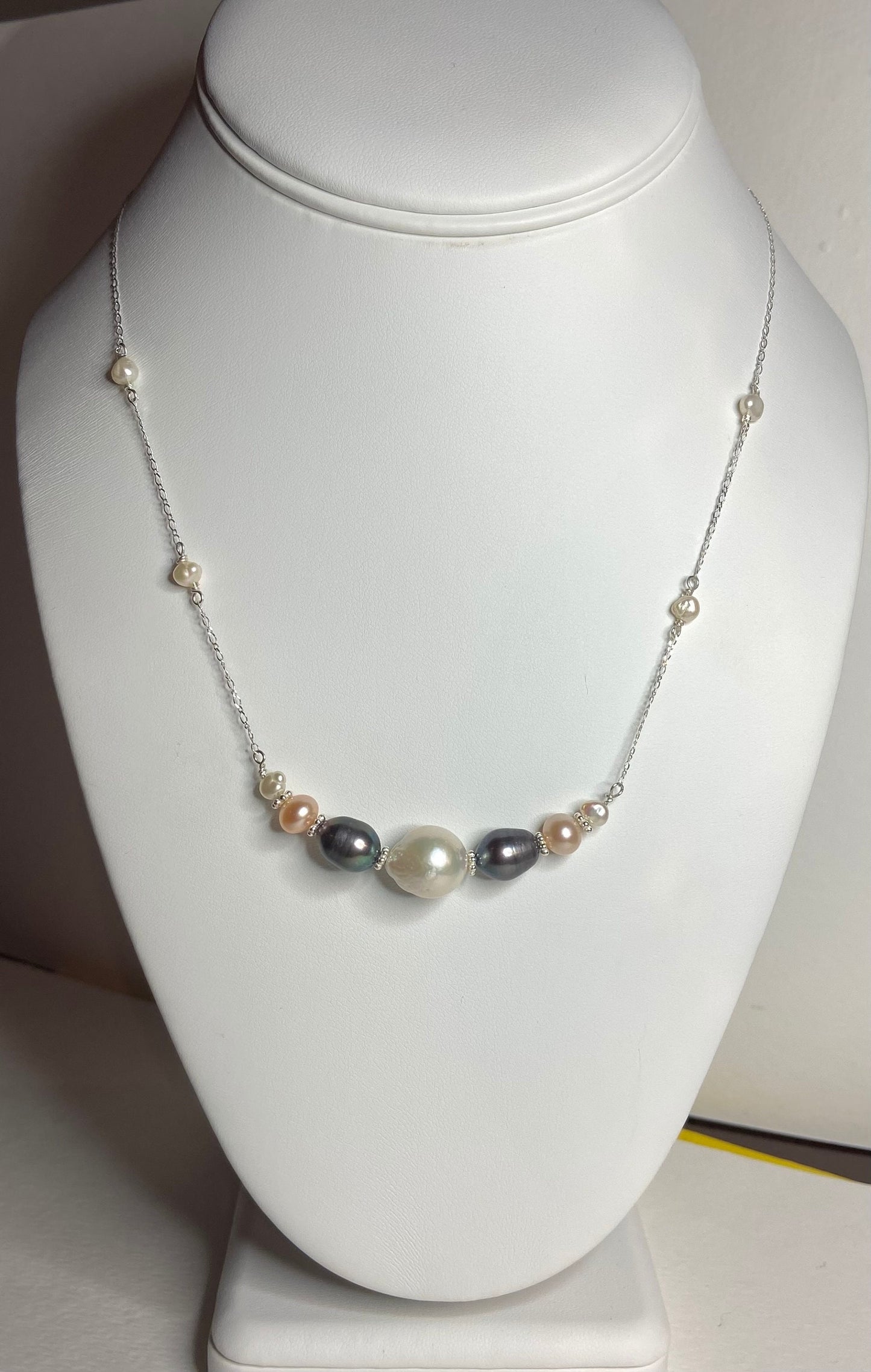 Freshwater pearl multi-colored sterling silver beaded station necklace.