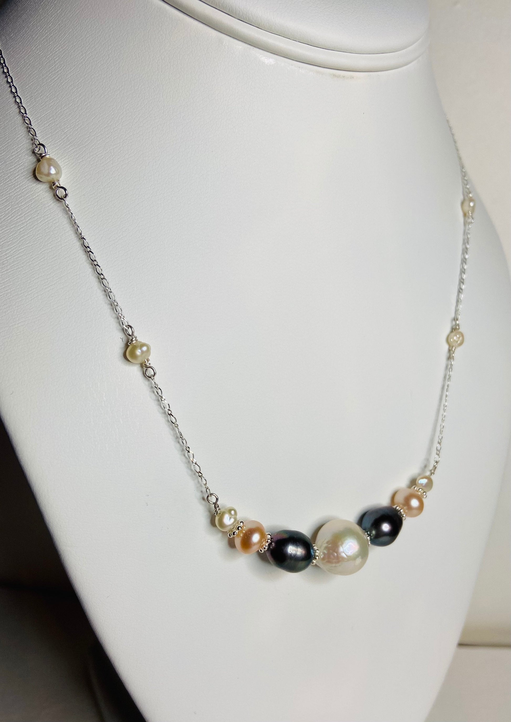 Freshwater pearl multi-colored sterling silver beaded station necklace.