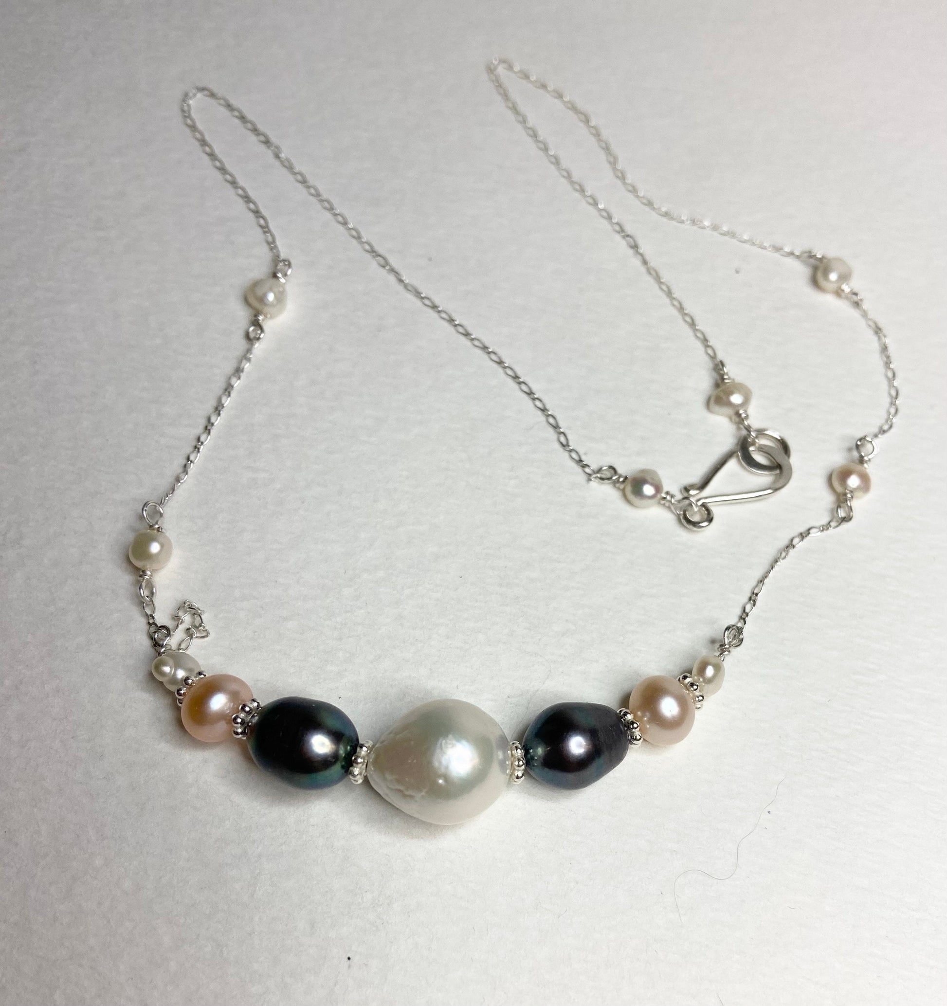 Freshwater pearl multi-colored sterling silver beaded station necklace