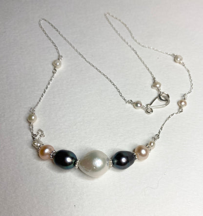 Freshwater pearl multi-colored sterling silver beaded station necklace
