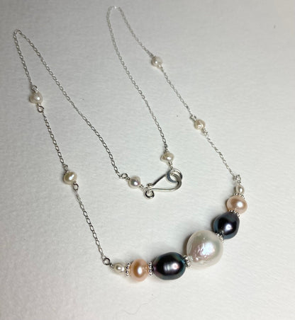 Freshwater pearl multi-colored sterling silver beaded station necklace