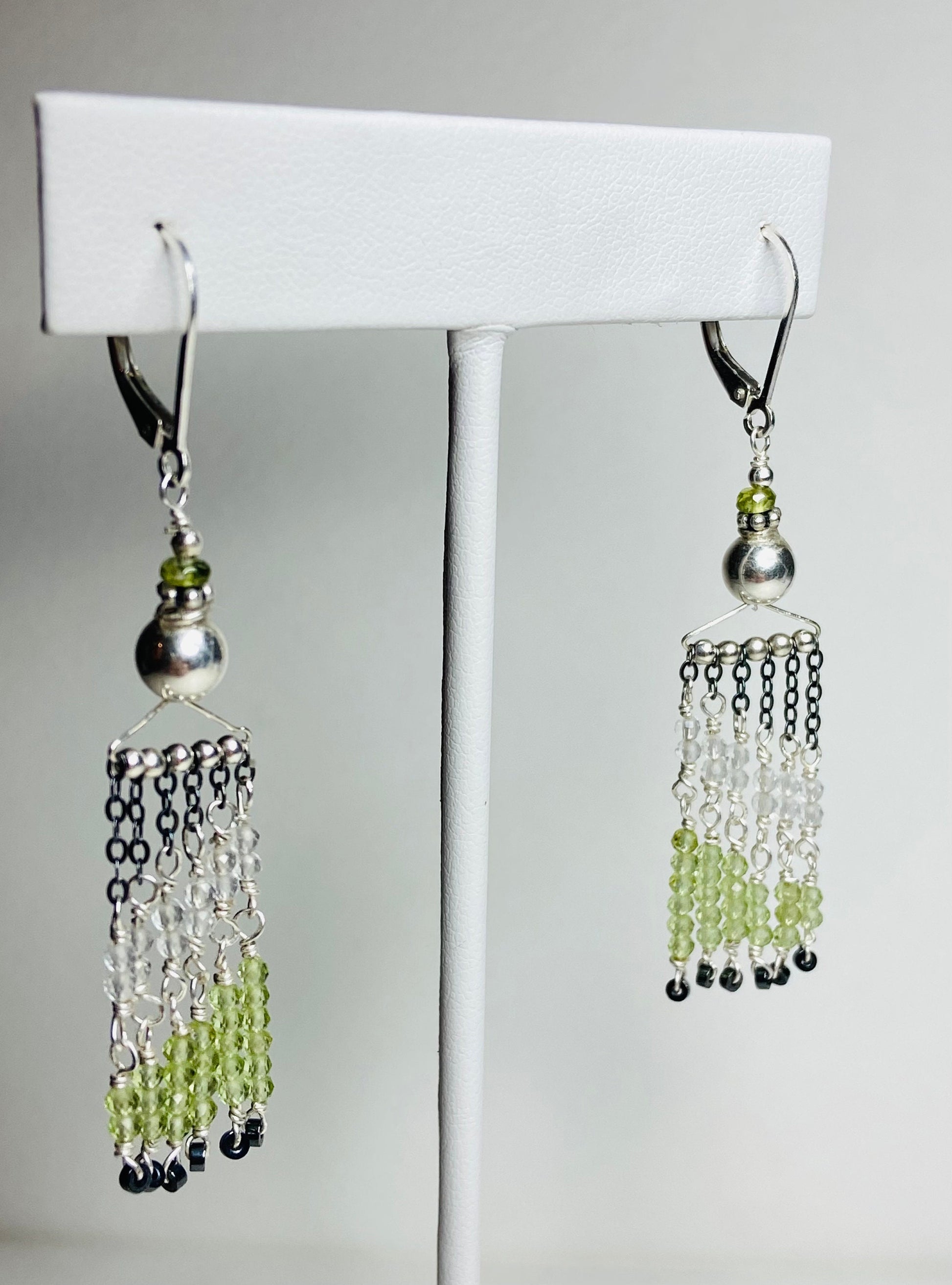 Fringe dangle drop lever back earrings peridot, vesuvianite, quartz and hematite