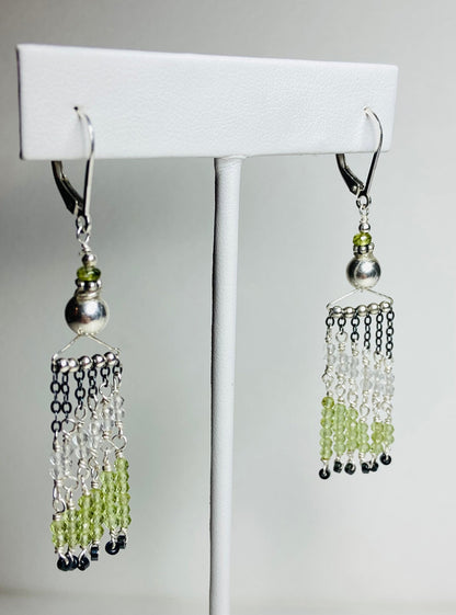 Fringe dangle drop lever back earrings peridot, vesuvianite, quartz and hematite