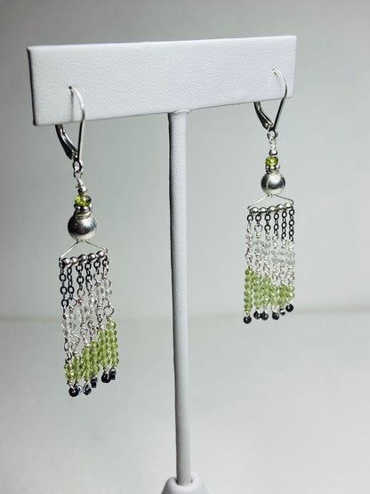 Fringe dangle drop lever back earrings peridot, vesuvianite, quartz and hematite