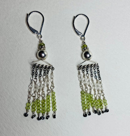 Fringe dangle drop lever back earrings peridot, vesuvianite, quartz and hematite