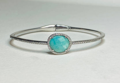 Nadri sterling silver hinged bangle bracelet with a faceted amazonite stone and simulated diamonds.