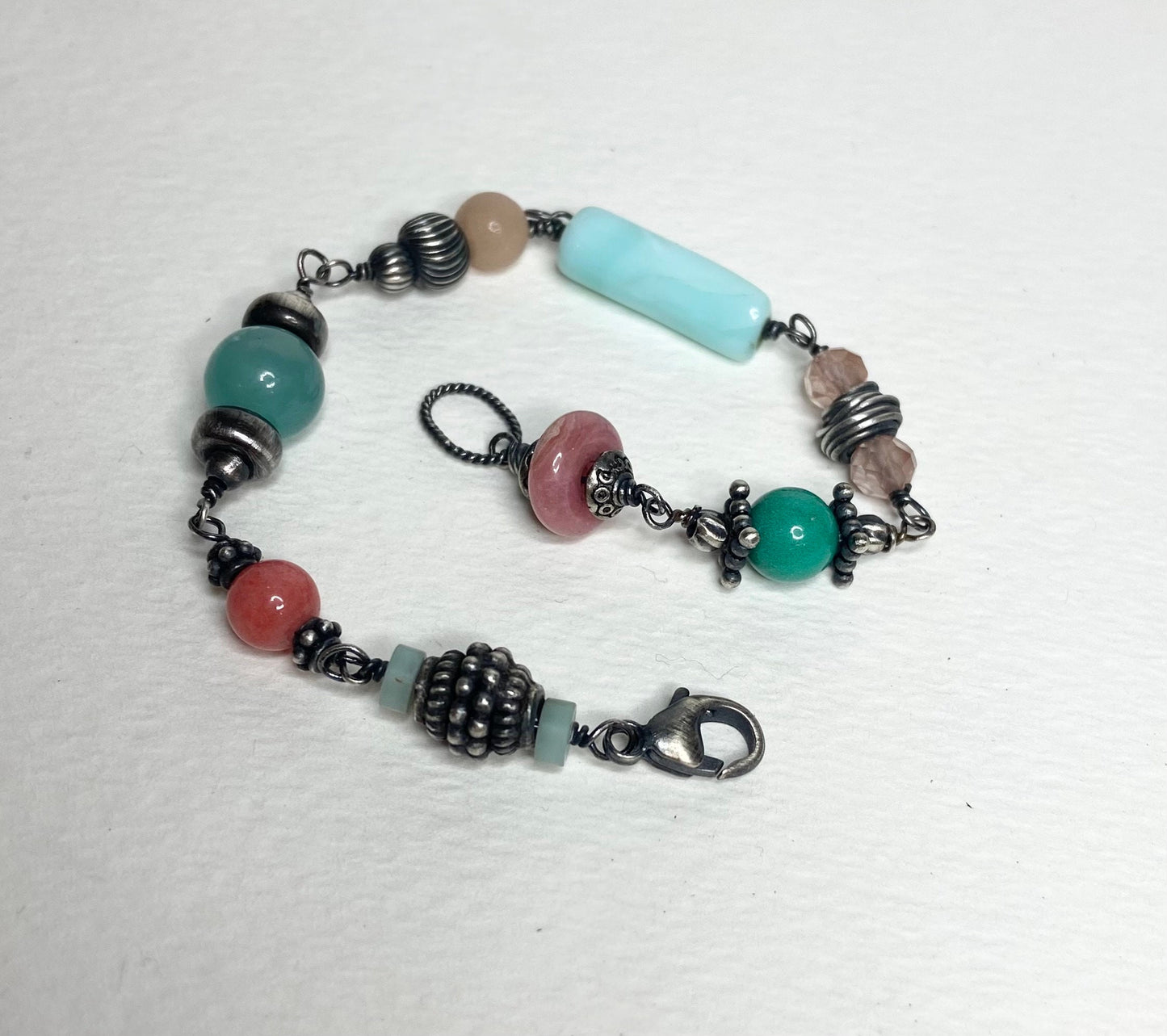 Eclectic peach and blues sterling silver wire bead bracelet Peruvian opal Oregon sunstone, rhodochrosite, morganite, amazonite and more