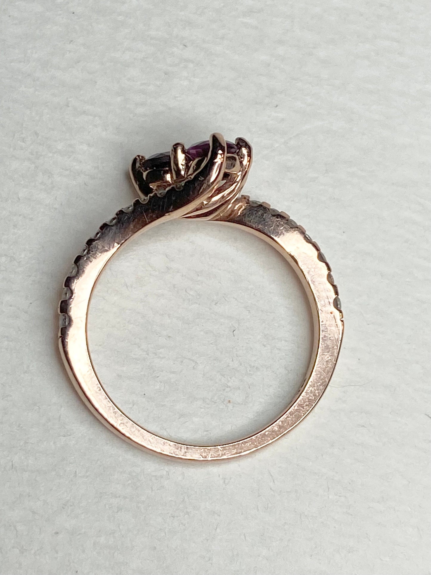 14k rose gold toi et moi ring with rhodolite garnets and diamonds.