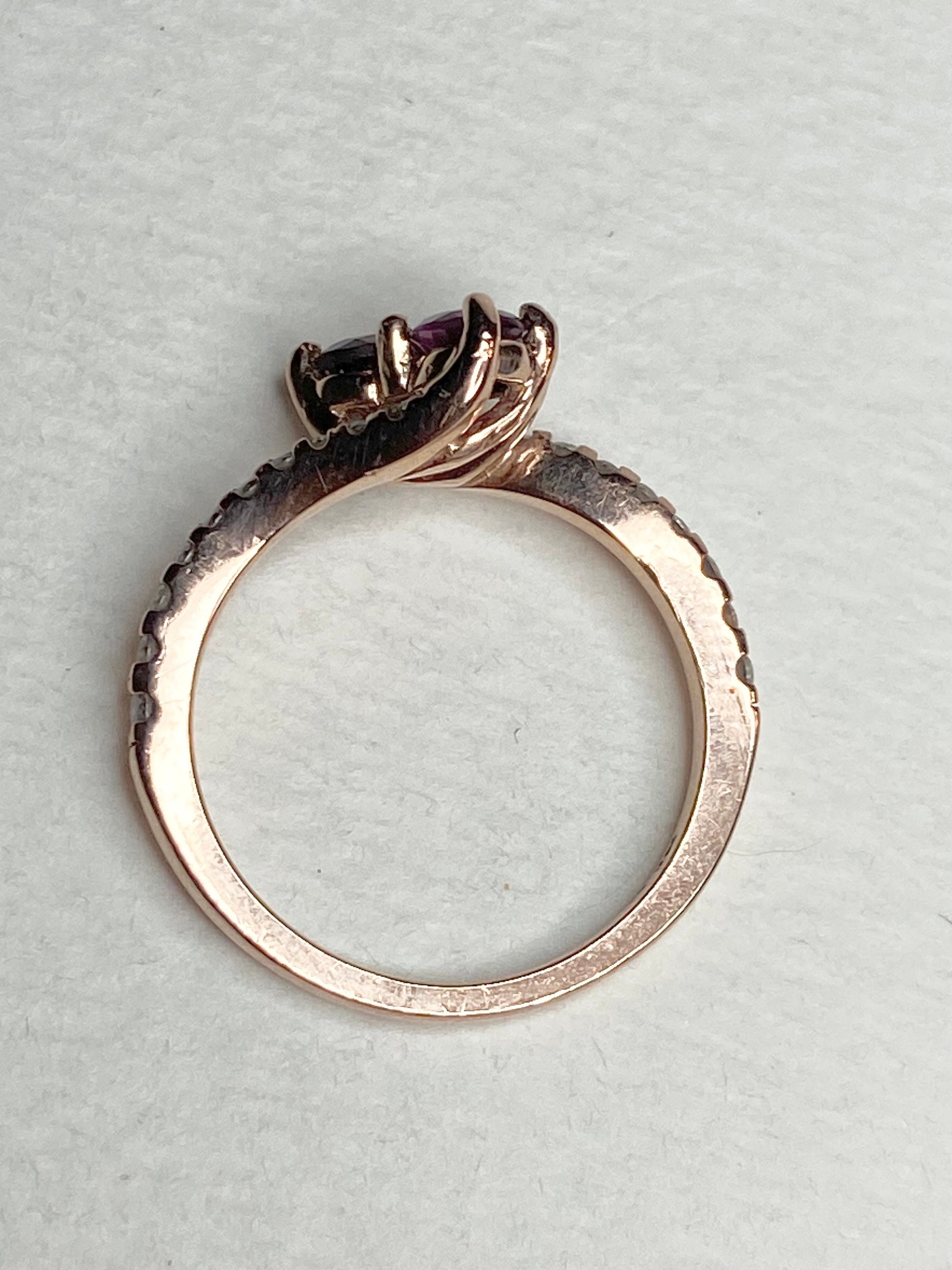 14k rose gold toi et moi ring with rhodolite garnets and diamonds.