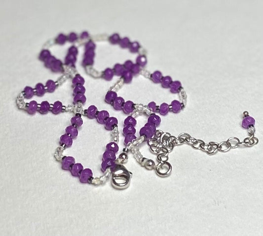 Purple Jadeite, hematite and crystal hand knotted necklace in sterling silver with adjustable extender