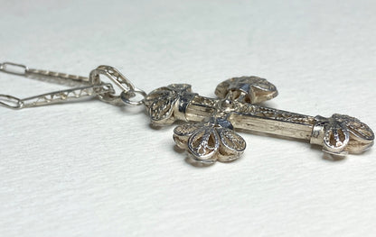 Antique handmade sterling silver filigree cross pendant with chain.