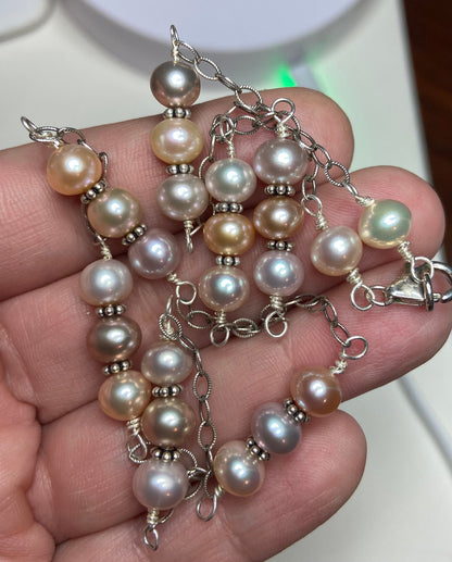Freshwater multi color natural cultured pearl adjustable station necklace in solid sterling silver.