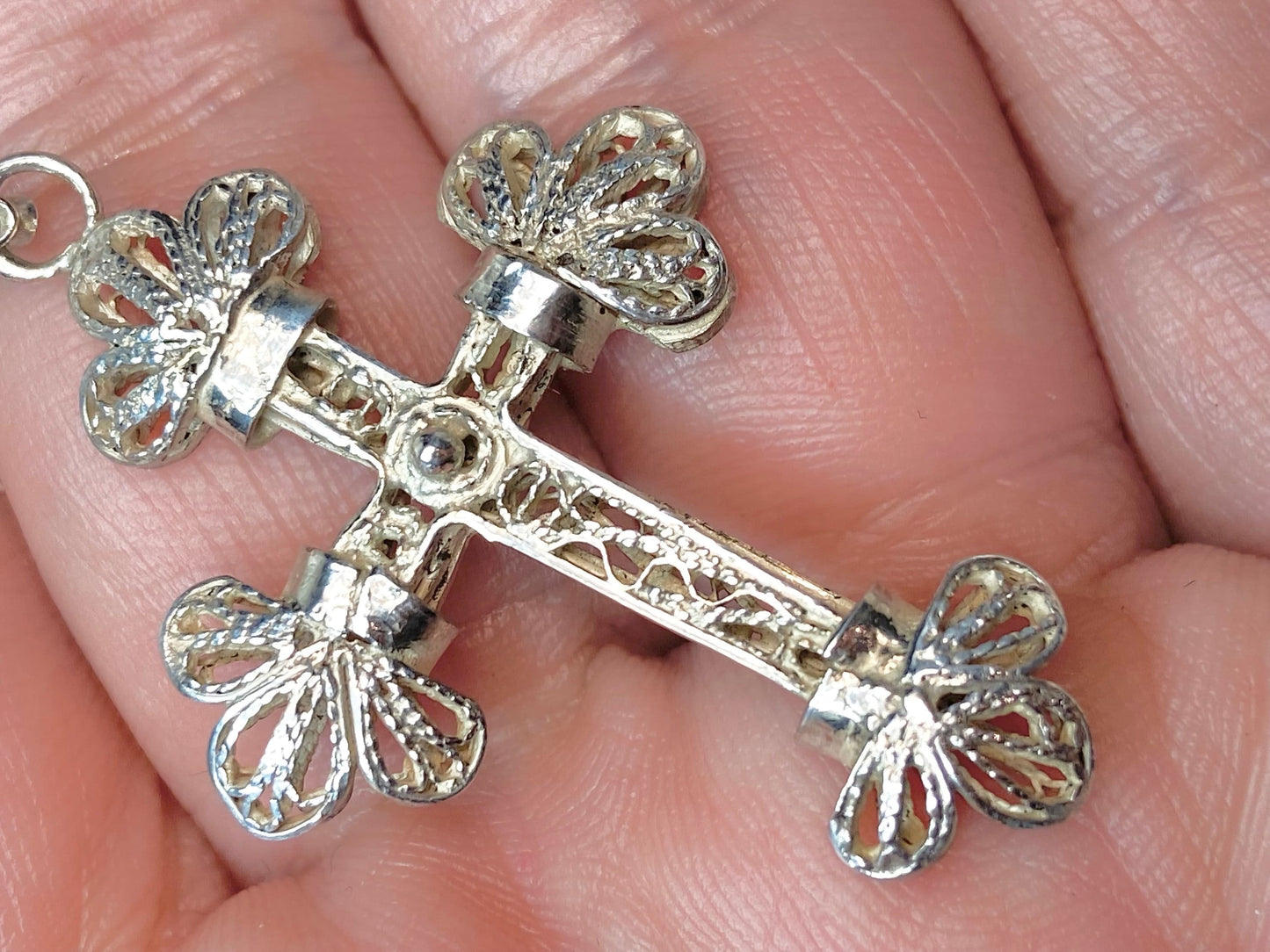 Antique filigree handmade sterling silver cross pendant with necklace.