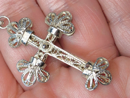 Antique filigree handmade sterling silver cross pendant with necklace.