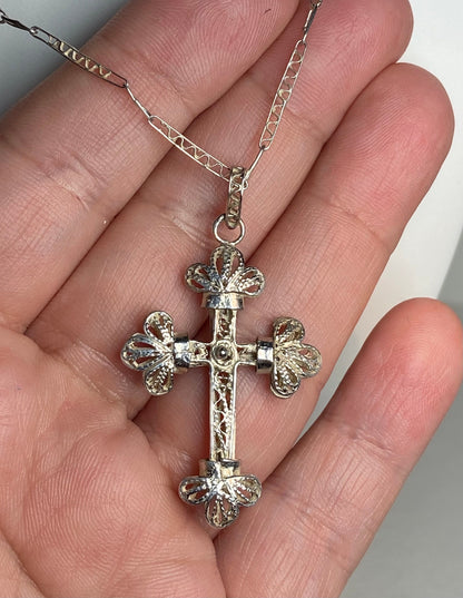 Antique filigree handmade sterling silver cross pendant with a matching chain.