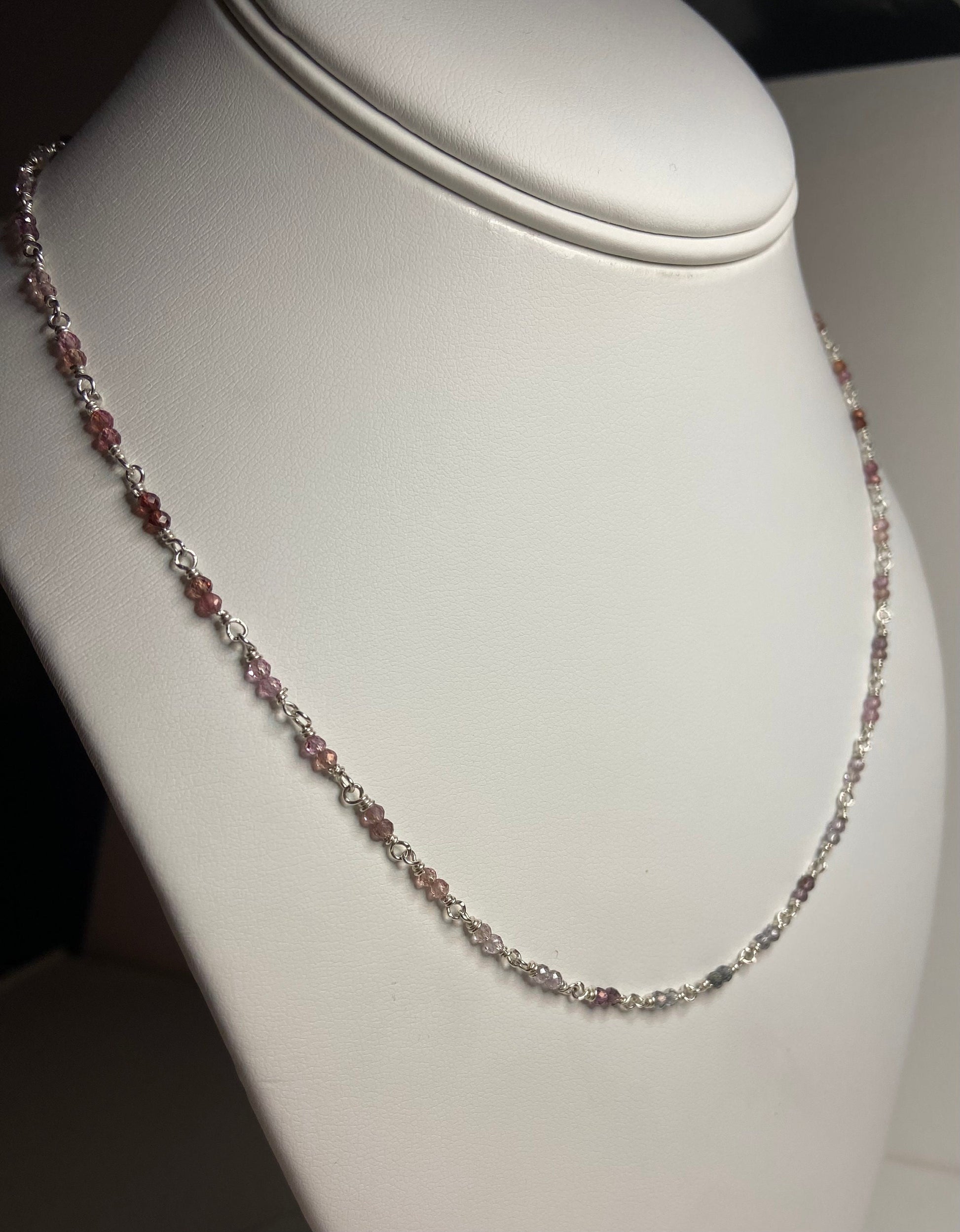 Natural multi-colored spinel beaded necklace in solid sterling silver.