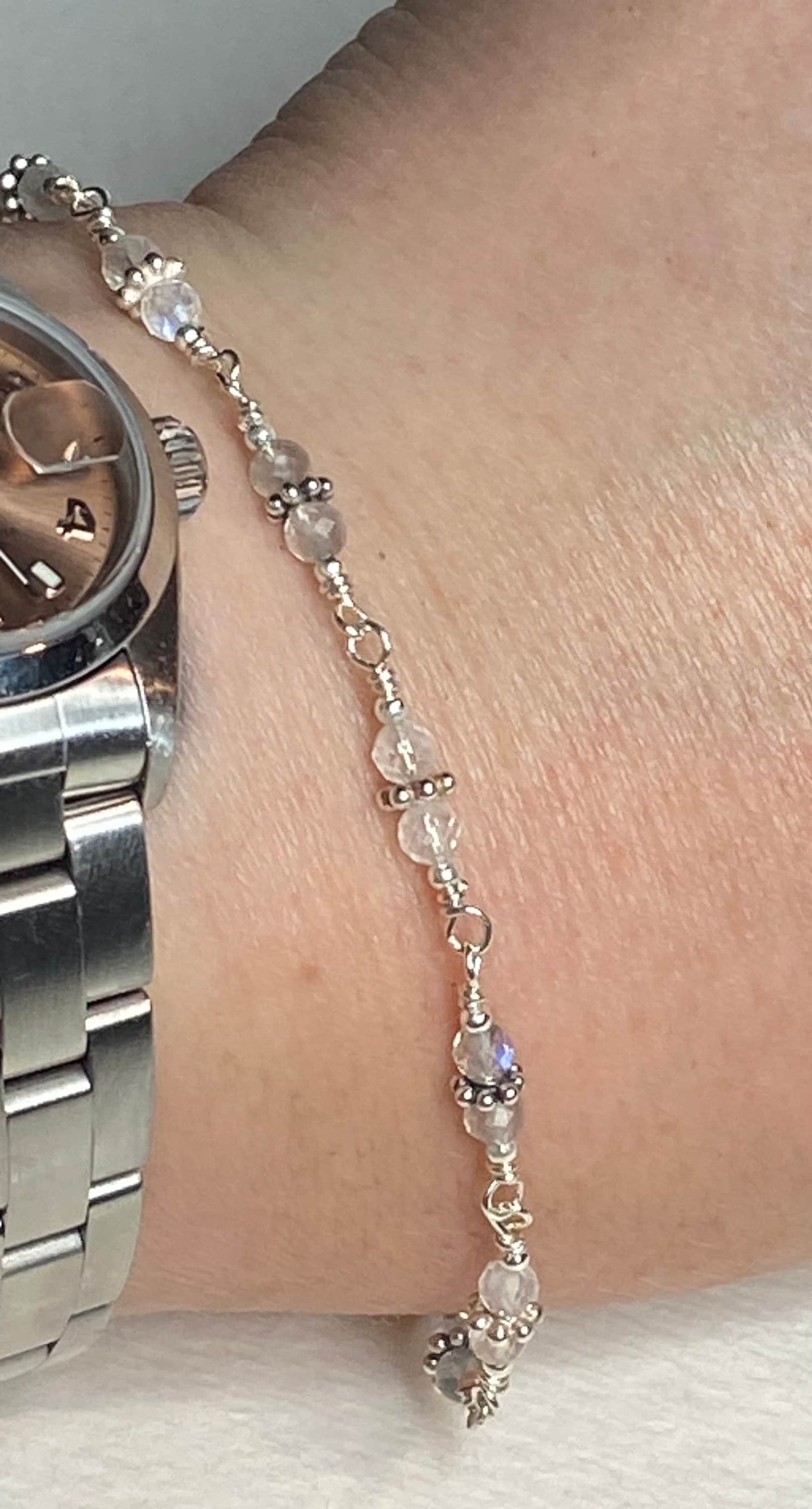 Sterling silver bracelet with blue sheen moonstone and labradorite beads.