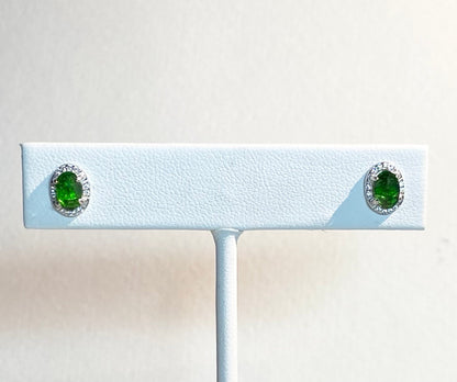 Chrome diopside and cubic zirconia halo stud earrings in sterling silver.