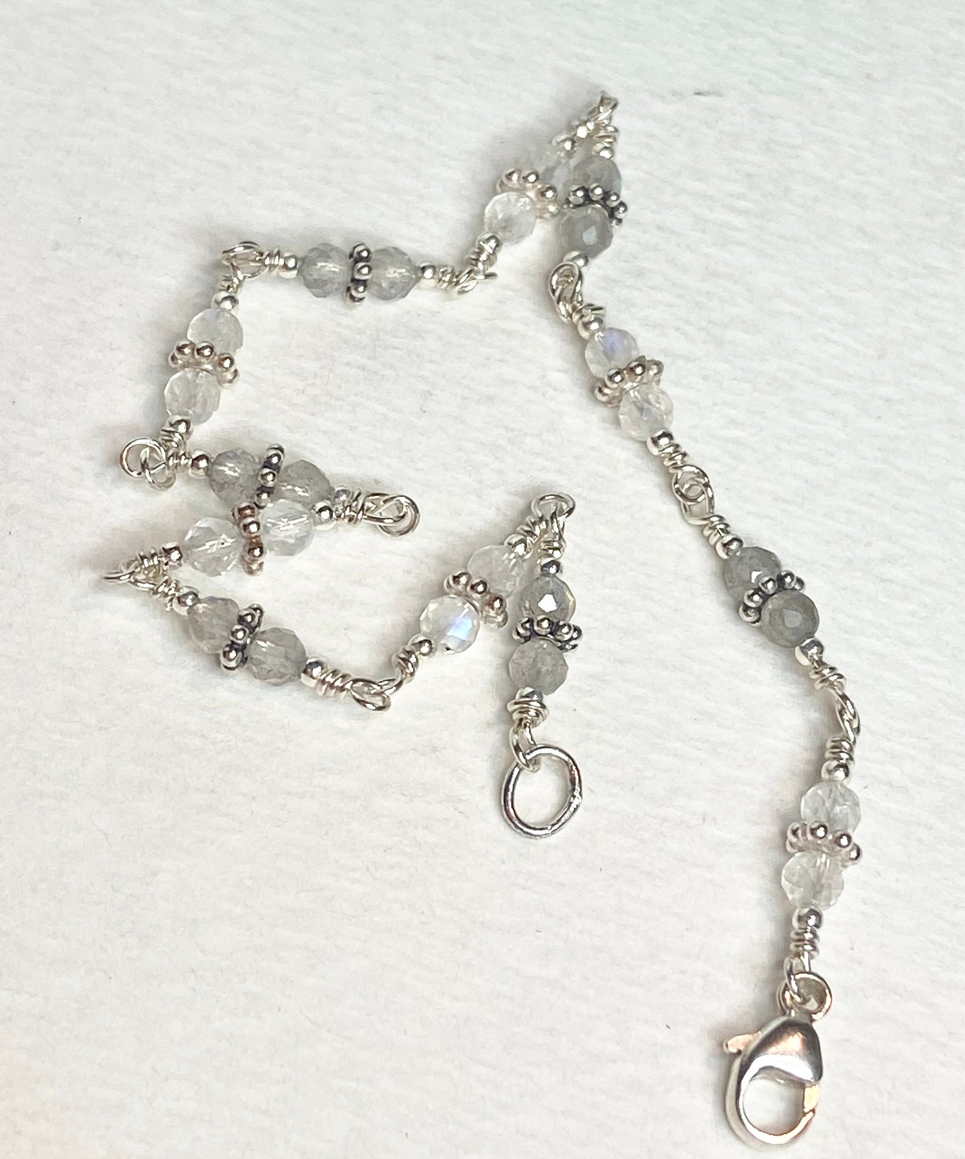 Sterling silver bracelet with blue sheen moonstone and labradorite beads.